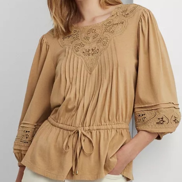 NWT LAUREN RALPH LAUREN Women's Lace-Trim Jersey Peplum Top Siz… - Picture 6 of 9